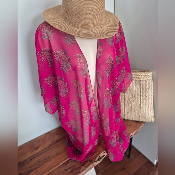 Sheer Beach Cover Up In Hot Pink With Floral Accents - Picture 1 of 5